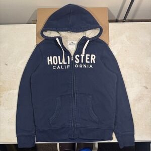 Hollister Sherpa Lined Full Zip Up Hoodie Men's Sz S Y2K 2000s Navy Blue